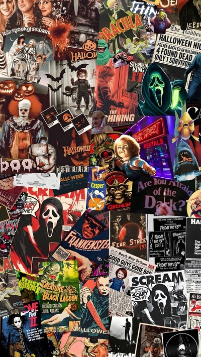a collage of various posters and stickers Halloween Iphone Movies And Shows Tv Shows Iphone, Cute Collage Backgrounds, Halloween Iphone, dark olive green