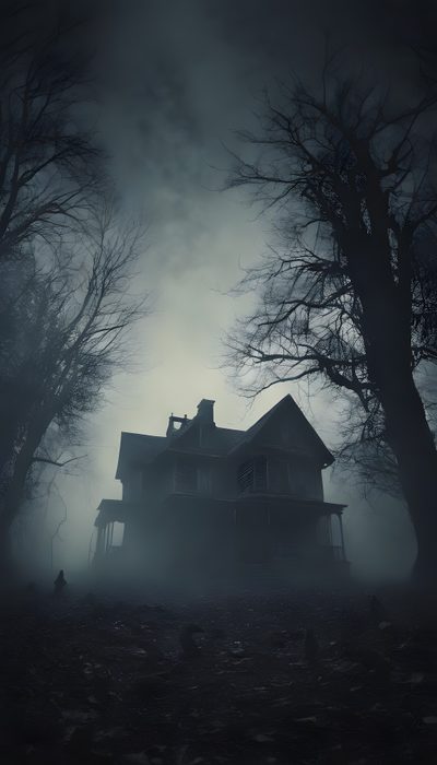 a creepy house in the middle of a dark forest Halloween Creepy House Spooky House Aesthetic, Foggy Haunted House, Creepy Cabin, dark slate gray