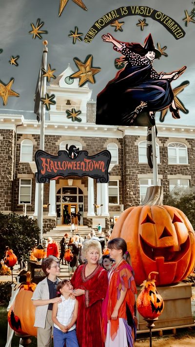 two children and an adult standing in front of a building with halloween decorations on it Halloween Town Movie Halloween Town Movie, Halloweentown, Halloweentown Backgrounds, dim gray