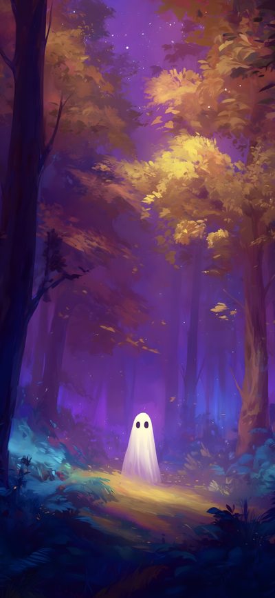 a white ghost standing in the middle of a forest with purple and yellow leaves on it Vaporwave Halloween Ghostly Forest Aesthetic, Ghost Scenery, Geist, Ghost Forest Purple, dark slate gray