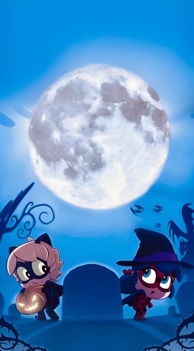 two cartoon characters standing in front of a full moon Miraculous Ladybug Halloween Movie Posters, Miraculous Ladybug Halloween, Miraculous Ladybug Phone, dodger blue