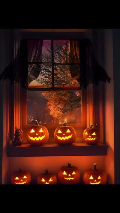 halloween pumpkins lit up in the window sill Happy Halloween Gif Halloween Live Photo, Moving Halloween, Halloween Gifs Aesthetic, black