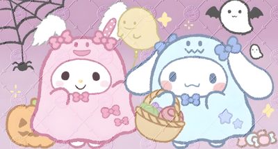 two cartoon characters are standing next to each other in front of a purple background with bats and spider webs Cinnamoroll Halloween Ipad Halloween Sanrio Icons, Sanrio Ghost, Cinnamoroll Halloween, gainsboro