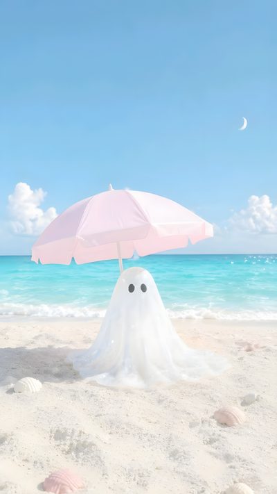 there is a ghost on the beach under an umbrella with eyes drawn in sand and water behind it Beach Halloween Cute Backgrounds, Backgrounds, Aesthetic, Cute, Phone, Halloween, light blue