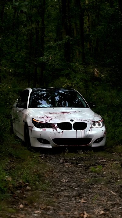 a white car with blood on it parked in the woods Bmw Halloween Serie Bmw, Bmw M4, Toyota Supra Mk4, Bmw Series, Bmw Art, Dream Cars Bmw, black