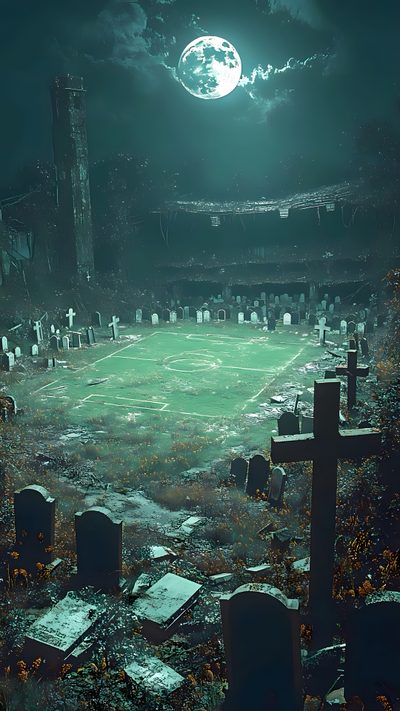 an old cemetery with graves in the foreground and a full moon above it at night Cool Halloween Football Vampire Football, American Football Pitch, Halloween Football, dark slate gray