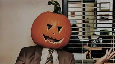 a man in a suit and tie with a pumpkin on his head, standing next to a window Halloween For Home Office Fall Computer Backgrounds, Fall Desktop Backgrounds, Halloween Cover Photos, dim gray