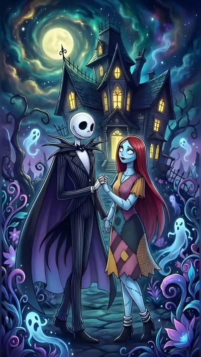 jack and sally in front of a spooky house with the moon behind them Halloween Jack And Sally Slow Dance, Jack Sally, Nightmare Before Christmas Sally, Iphone, dark slate gray