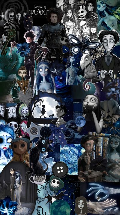 a collage of many different pictures with faces and hair on them, including an image of Halloween Iphone Tim Burton Witch, Coraline Aesthetic, Movie Collage, Tim Burton Art, dark slate gray