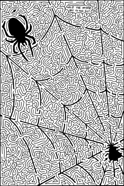 a spider maze with black and white lines Halloween Maze Otomi Embroidery Playmat Spider Maze Game, Mazes Printable, Maze Activity, white