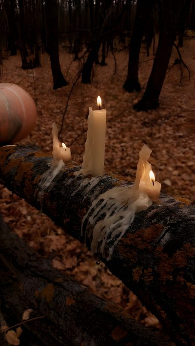some candles are sitting on a log in the woods Halloween Candle Cozy Fall Aesthetic Witchy, Halloween Forest Aesthetic, Hallows Eve Aesthetic, black