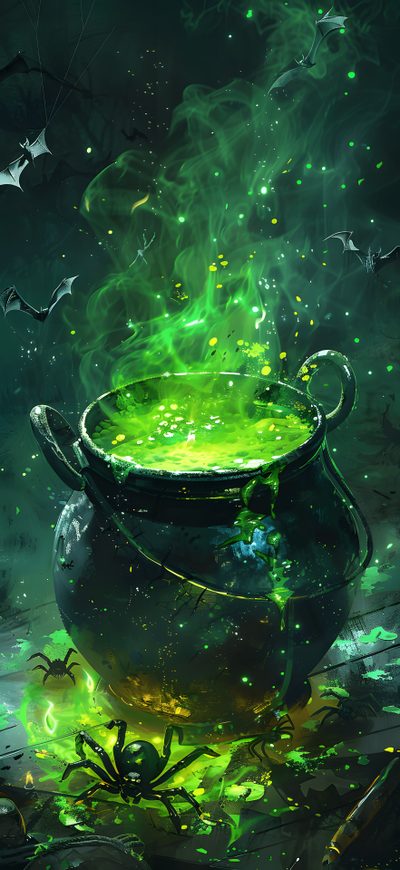 A cauldron bubbling over with green potion, surrounded by spooky elements like spiders and bats. Green Witch's Cauldron With Skull, Cauldron With Green Liquid, Green Potion In Cauldron, Cauldron Wallpaper Iphone, Green Potion Cauldron Art, Bubbling Cauldron Wallpaper, Wallpaper Witches Cauldron Background, Green Potion Cauldron, Halloween Background Cauldron Halloween Potion Green Witch's Cauldron With Skull, Cauldron With Green Liquid, Green Potion In Cauldron, dark slate gray