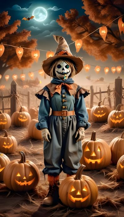 a creepy scarecrow standing in front of pumpkins Halloween Costumes Scarecrow With Pumpkin, Scarecrow 4k, Cute Scarecrow, saddle brown