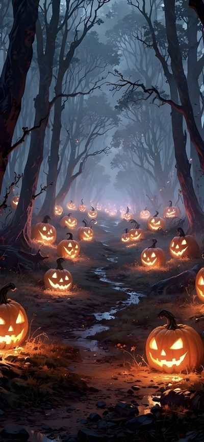 a group of pumpkins sitting in the middle of a forest filled with lots of trees Halloween 2023 Halloween Forest, Headless Horseman Iphone, Spooky Landscape, dark slate gray