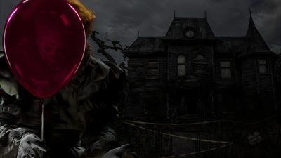 a creepy clown holding a red balloon in front of an old house with dark clouds Halloween Scary Pennywise Pennywise Background, Horror Pc, It Pc, Pennywise Roblox, It 1920x1080, black