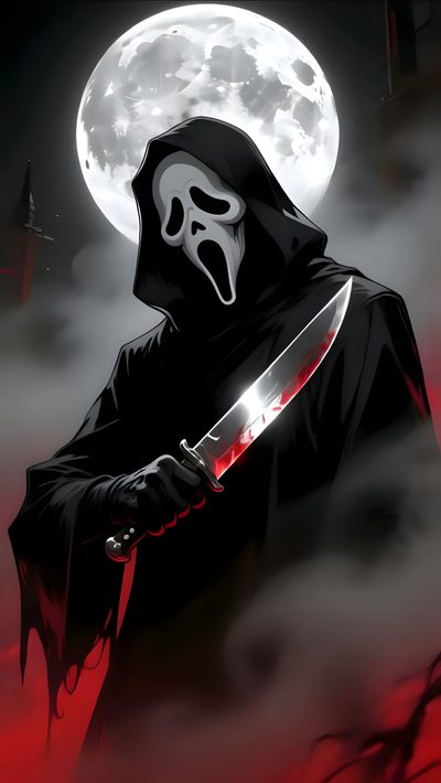 a person in a hooded suit holding a knife with a full moon behind them, Halloween Horror Movie Iphone Ghostface 4k, Ghostface Scary Movie, 4k Ghostface, Scary, Cool Ghostface, black