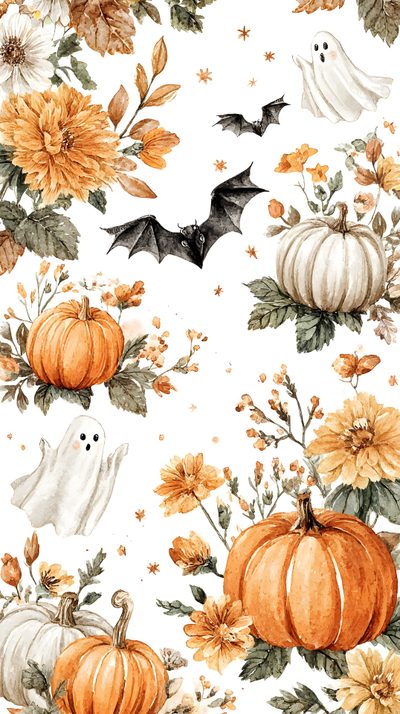 a white background with pumpkins, flowers and bats Halloween Flowers October, Pumpkin, Pumpkin Images, Spooky Costumes, Image Cat, Felt Halloween, antique white