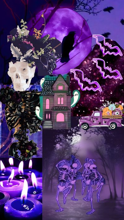 a collage of halloween images with candles Purple Edgy Aesthetic Halloween Purple Spooky Aesthetic, Spooky Purple, Halloween Aesthetic Purple, dark slate blue