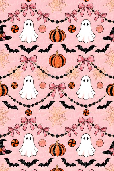 a halloween themed wallpaper with bats, pumpkins and ghost faces on pink background Pink Bow Halloween Halloween Pink Aesthetic, Autumn Phone, Victorian Fabric,
