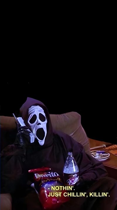 a person in a black mask sitting on a couch with a bottle and some snacks Halloween Scream Funny Trippy, Halloween Iphone, Edgy, Halloween, Retro, Fall Memes, black