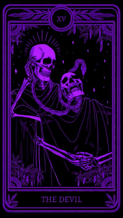 the devil tarot card with two skeletons holding each other in their arms and one skull on Purple Purple Edgy Aesthetic Halloween Dark Purple, Black And Purple, Sfondi Viola, Emo, Goth,