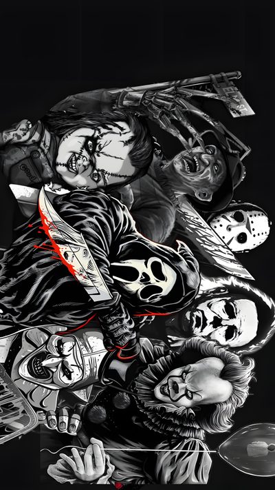 a black and white drawing of a group of people with masks on their faces, one holding a knife in the other's hand Halloween Characters Halloween Ipad Aesthetic, Horror Movie, Scream Laptop, Horror Movie Background, black