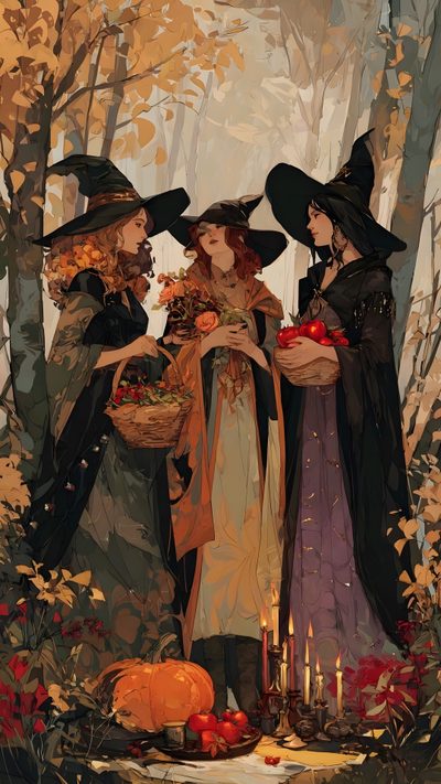 three women dressed as witches in the woods with pumpkins and candles on the ground Pagan Halloween Samhain Witches, Samhain Aesthetic, 3 Witches Art, Autumn Witch Aesthetic, dark olive green