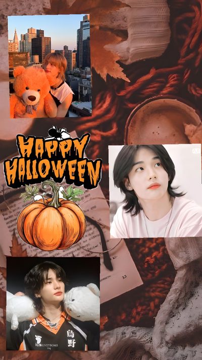 a collage of photos with the words happy halloween written on them and pictures of people holding pumpkins Hyunjin Halloween Halloween, Happy Halloween, sienna