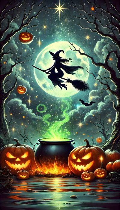 a witch's caulder with pumpkins in front of a full moon Halloween Witch Cauldron Halloween Image, Witches Cauldron Pumpkin, Witches Cauldron With Witch, dark slate gray