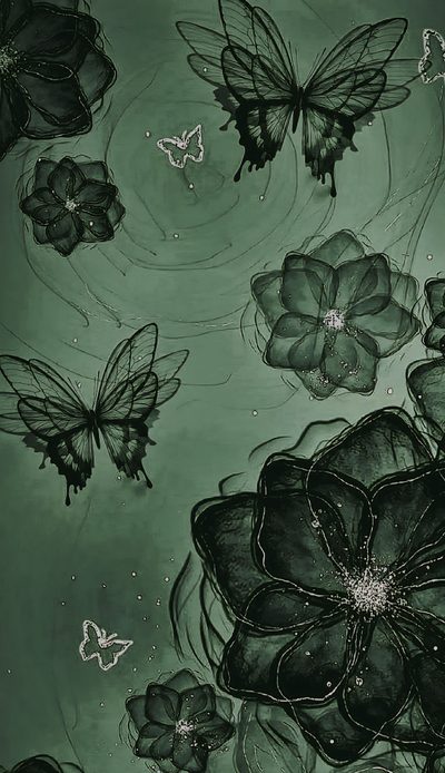 black and white photograph of flowers with butterflies flying over them in the air above water Aesthetic Halloween Flower Dark Green, Blue Flower, Dark Green Aesthetic, Goth, Artistic, dark slate gray