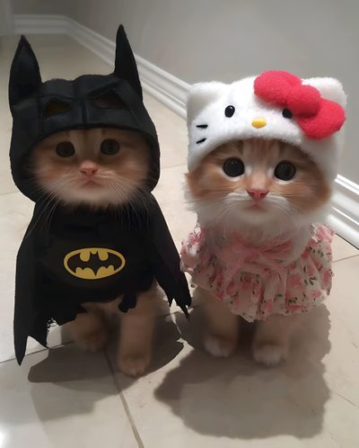 two small kittens dressed up as batman and kitty cat in costumes for the halloween season Matching Halloween For 2 Cat Profile, Batman Cat, Cat Couple, Cute Cats Photos, Pretty Cats, dim gray