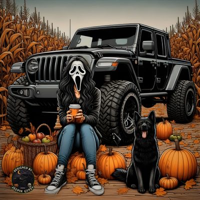 a painting of a woman sitting in front of a truck with a dog and pumpkins Halloween Jeep Jeep, Car Sketch, Half Sleeve Tattoo, Ghost Faces, Halloween Horror, Scream, dark olive green