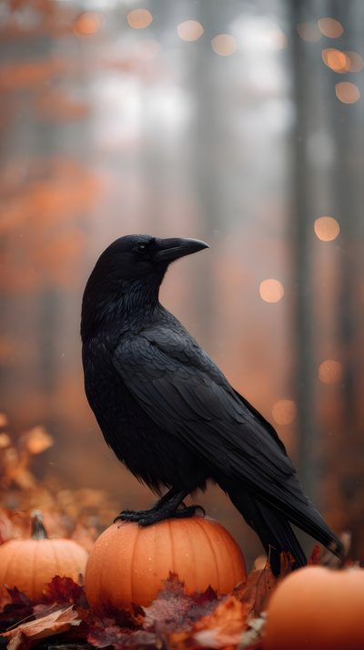 a black crow sitting on top of a pumpkin in the woods with lights behind it Halloween Raven Halloween Crow Pictures, Halloween Crow Dark Custom, Halloween Crow, Spooky Crow, dim gray