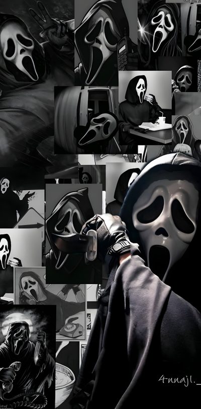 a person wearing a mask in front of a collage of images Cool Halloween Iphone Ghostface Ghost Face Ghostface Aesthetic, Ghost Face Aesthetic, Halloween Iphone, black