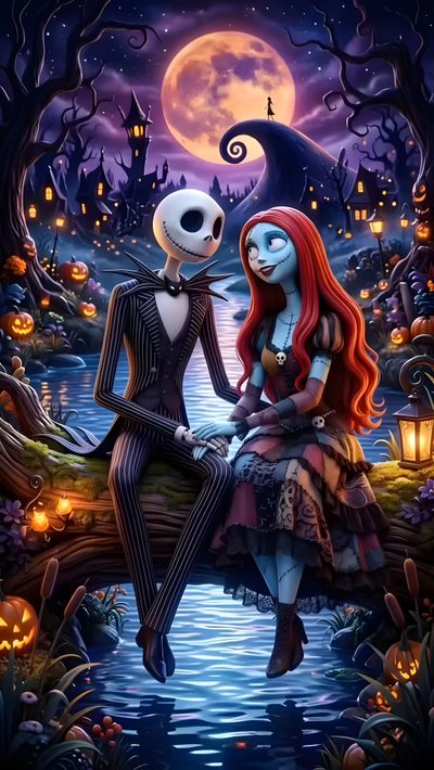 two skeletons sitting next to each other on a bench in front of a lake with pumpkins Halloween Jack And Sally Jack And Sally Love, Sally And Jack, Jack Skeleton And Sally, dark slate gray