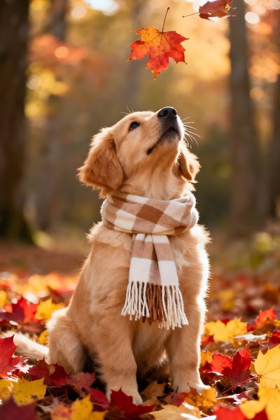 a golden retriever dog wearing a scarf and looking up into the sky with autumn leaves surrounding him Golden Retriever Halloween Dog Fall Photoshoot, Fall Dog Photos, Golden Retriever Fall, sienna