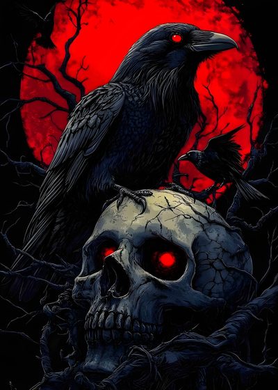 two black crows sitting on top of a skull in front of a full red moon Halloween Raven Raven With Glowing Eyes, Raven With Glowing Red Eyes, Raven With Red Eyes, black