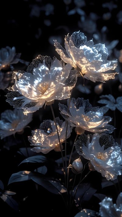 some white flowers are glowing in the dark Moonlight Flowers Halloween Floral Moon Glow Flower, Light Flowers, Lightning Flower, black