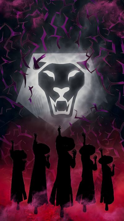 a group of people standing in front of a large black and purple poster with a lion on it's face Halloween Kpop Demon Hunters Jinu Saja, Saja Boys Background, Kpop Demon Hunters Profile Pic, black