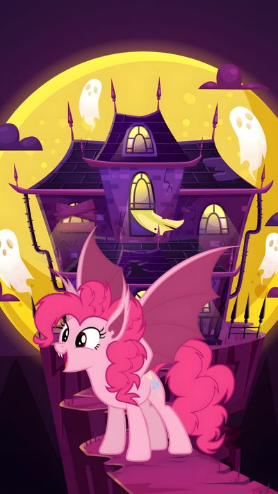the pinkie pony is standing in front of a house with ghost's on it Pinkie Pie Halloween Twilight Sparkle Ghost, Pinkie Pie Neon, Mlp Halloween, brown