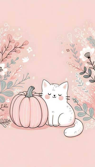 a white cat sitting next to a pumpkin on top of a pink background with flowers Halloween Pastel Cat Images Kawaii, Halloween Iphone, Kawaii, Cat, Schöne Hintergründe, Halloween, bisque