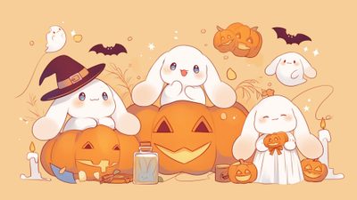 three bunny rabbits sitting on pumpkins with bats and ghost's around them, all dressed up in halloween costumes Halloween Bunny Bunny, Anime Backgrounds, Kawaii Halloween, Computer, Anime Background, navajo white