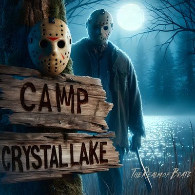 a man standing next to a sign that says camp crystal lake Camp Crystal Lake Halloween Jason Crystal Lake, Camp Crystal Lake Jason, Jason Voorhees Camp Crystal Lake Tattoo, dark slate gray