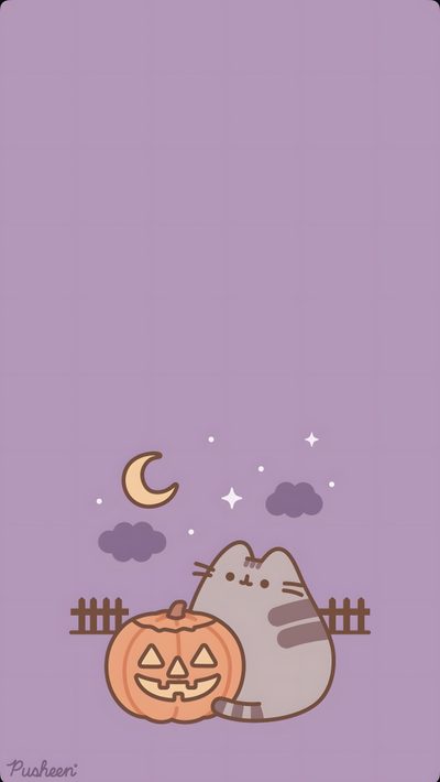 a cat sitting next to a pumpkin on top of a purple surface with the moon in the background Aesthetic Halloween Pusheen Pusheen Background Fall, Pusheen Fall, Pushers Halloween, dark gray