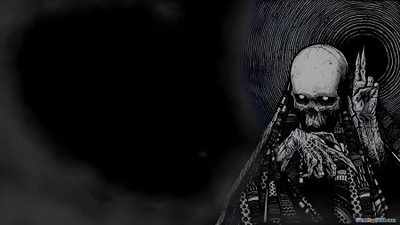 a black and white image of a skeleton holding two fingers up in front of a dark background Halloween 5k Ideas Homescreen, Skull, Dark, Goth, Aesthetic Desktop, Halloween, black
