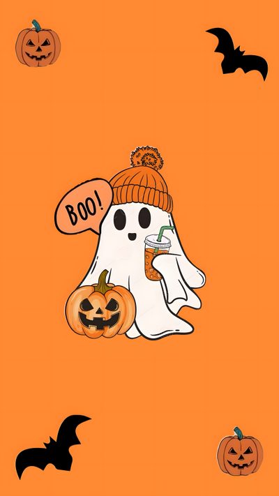 an orange halloween background with a ghost and pumpkins Halloween Boo Halloween Orange White Pumpkin And Ghost, Ghost And Pumpkin, Cute Ghost And Pumpkin, coral