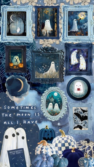 an image of halloween themed artwork with ghost pictures and pumpkins on the wall above it Blue Halloween Aesthetic Diy Spooky Art Projects, Blue Halloween Decor, Halloween Ghost Art Collage, dim gray