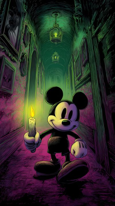 a mickey mouse holding a lit candle in the middle of a dark hallway with green and purple lighting Mickey Mouse Halloween 4k Art Deco Tattoo, Mickey Mouse Dark, Scary Mickey Mouse Images, dark slate gray