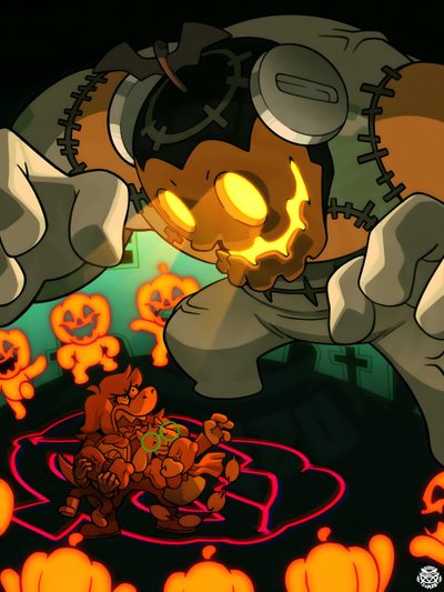 an animated image of a cartoon character surrounded by pumpkins Overwatch Halloween Crash Bandicoot Halloween, Mega Man X Halloween, Deltarune Background Art, dark olive green