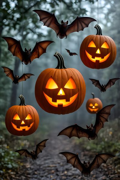 halloween pumpkins with bats hanging from them in the air, and one is lit up Halloween Pumpkin Bat Calabazas Halloween, Halloween Jack O Lantern, Images Of Halloween Pumpkins, dark slate gray